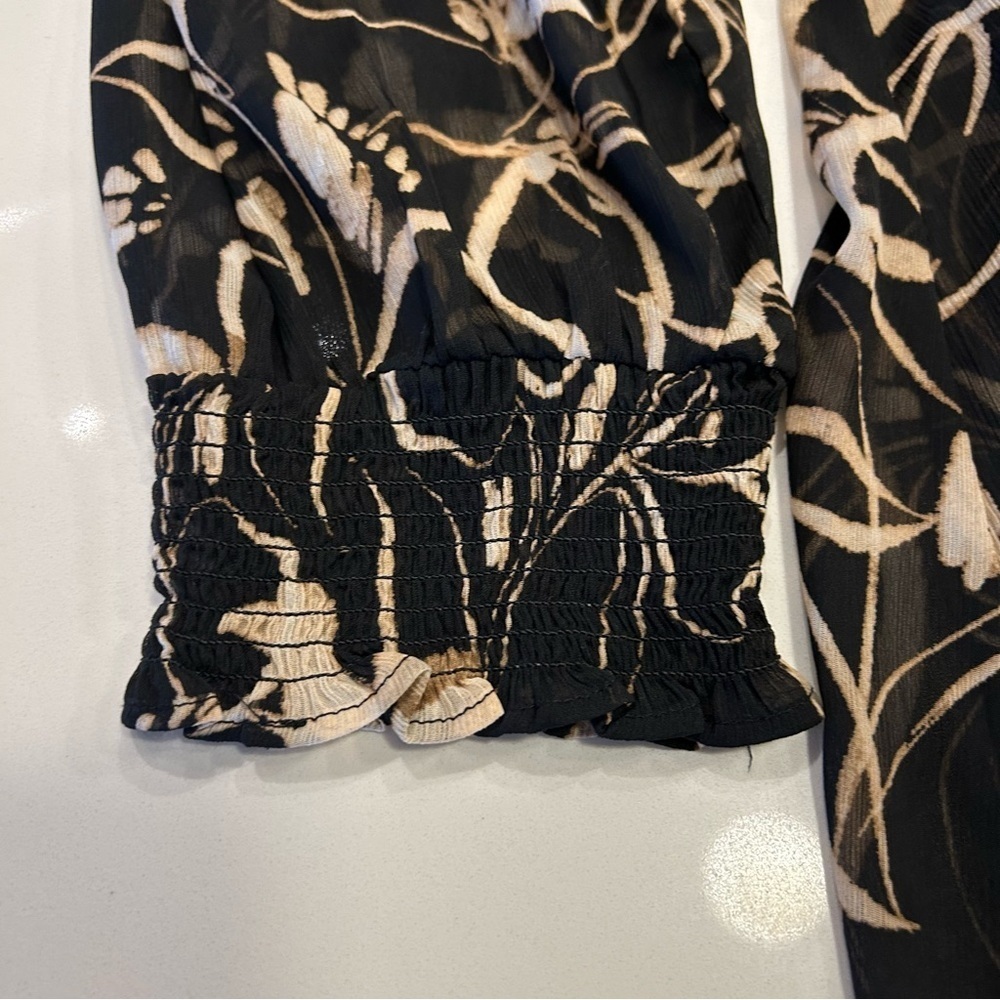 DKNY Black, Tan and Cream Floral Long Sleeve Chiffon Dress, Size 8, NWT - Picture 6 of 12
